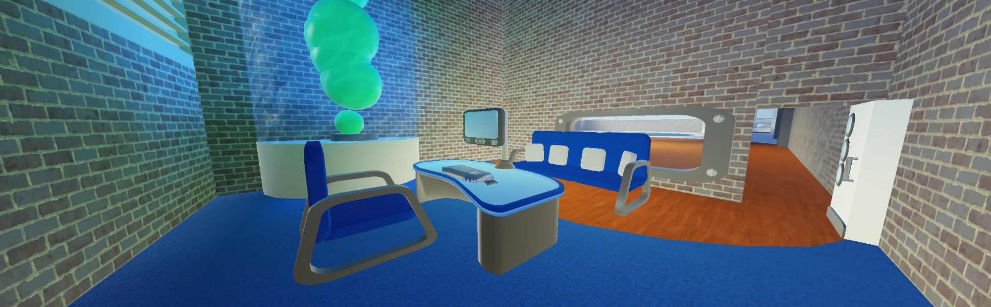 A lounge with a curved desk and retro monitor, a blue sofa and armchair, and a glass tank holding a green lava lamp, against brick walls.